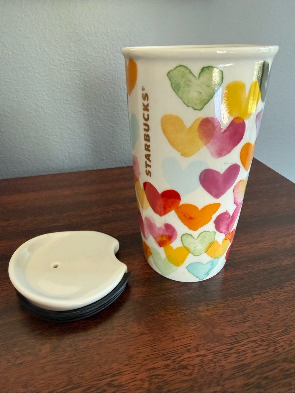 Starbucks Watercolor Hearts 10 oz Ceramic Travel Tumbler